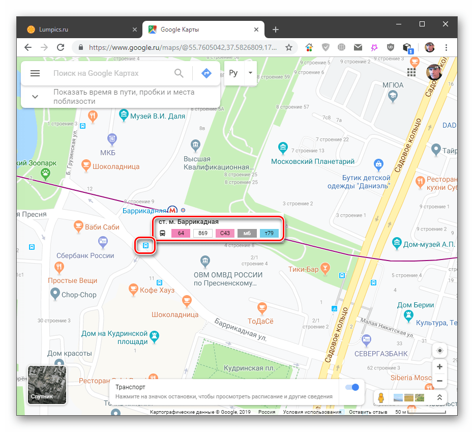 Просмотр информации об остановках общественного транспорта в настольной версии Google Maps