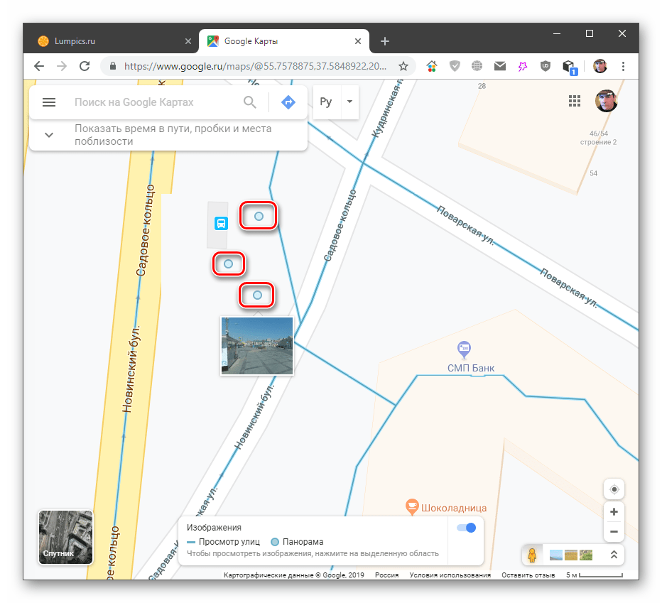 Переход к просмотру панорамы в настольной версии Google Maps