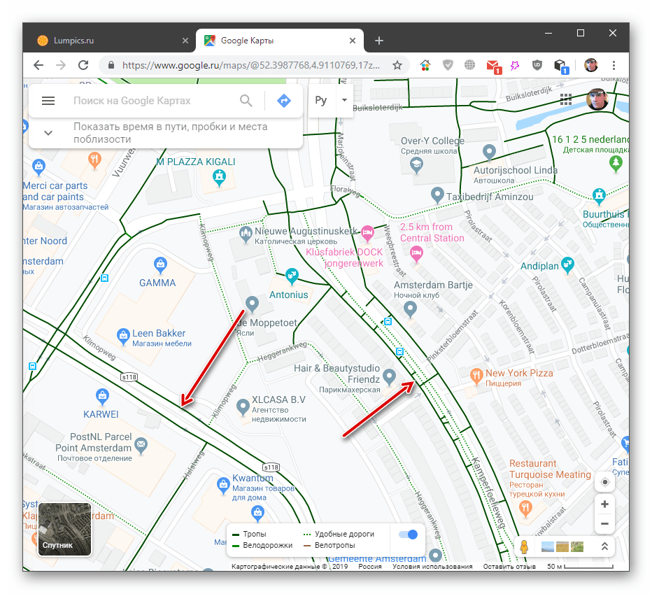 Отображение велосипедных дорожек в настольной версии Google Maps