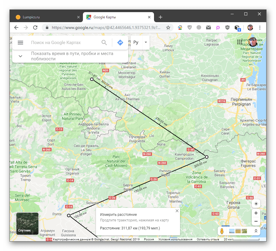 Измерение расстояния между точками в настольной версии Google Maps