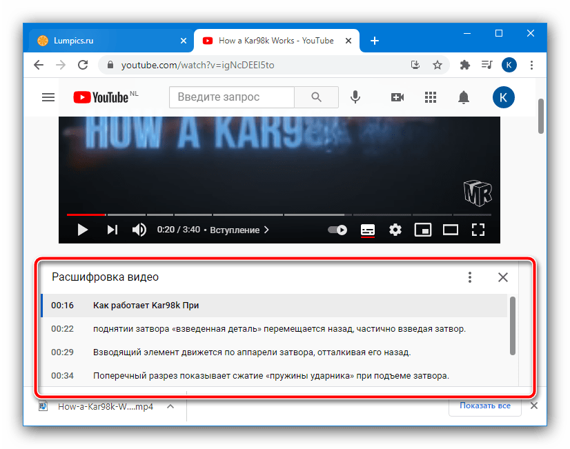 Просмотреть расшифроку видео для загрузки субтитров с YouTube посредством системных инструментов