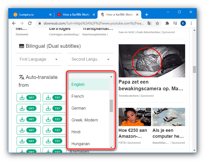 Выбрать язык для загрузки субтитров с YouTube посредством веб-сервиса