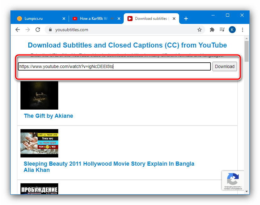 Вставить адрес видеоролика для загрузки видео с субтитрами с YouTube посредством веб-сервиса