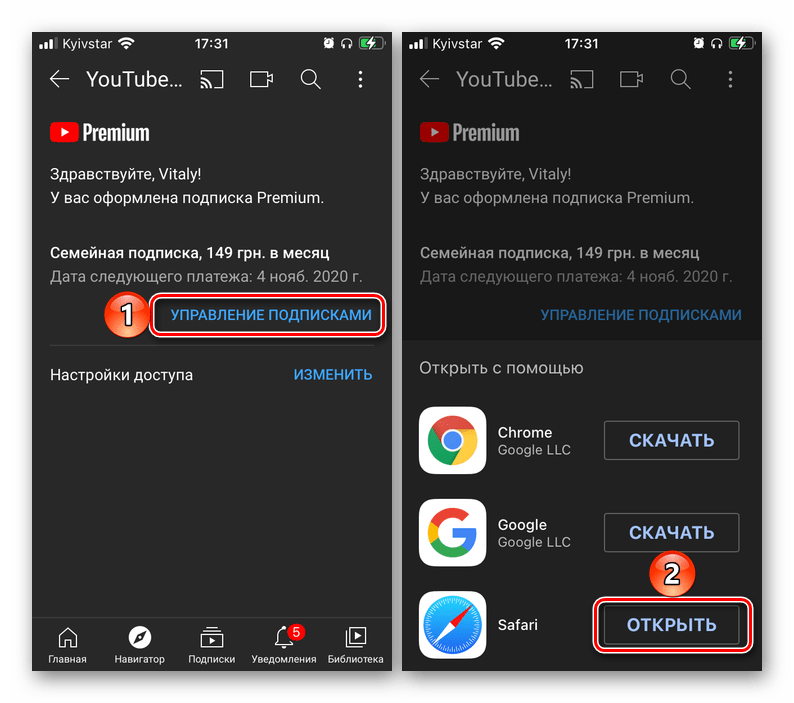 Подписка YouTube Premium, оформленная через браузер, на iPhone