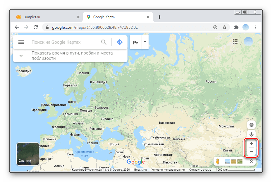 Масштабирование карты для просмотра панорамных фотографий в ПК-версии Гугл Карты