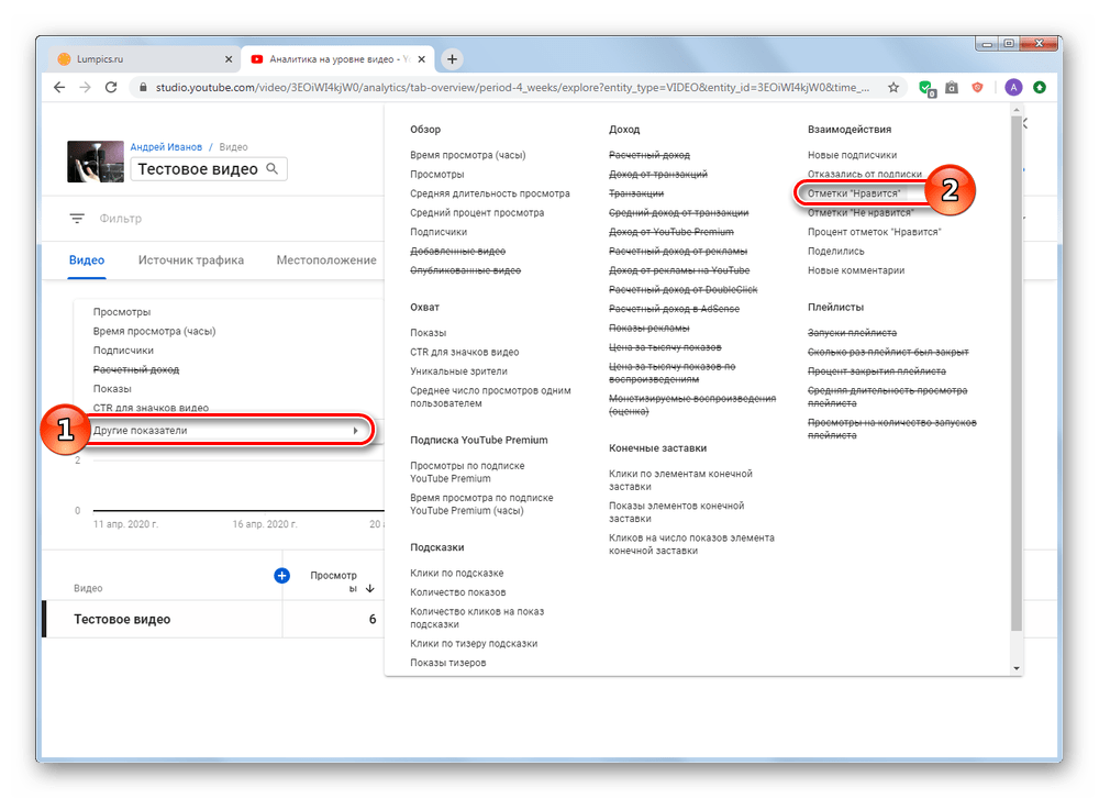 Выбор статистики по лайкам в аналитике YouTube