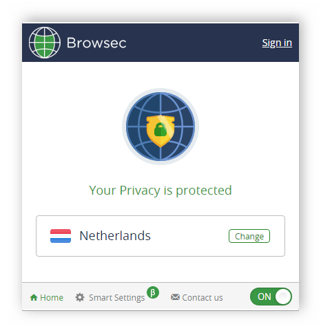 Выбор страны для подключения в Browsec