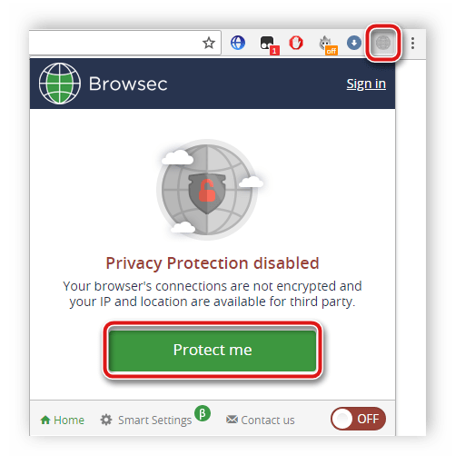 Запуск расширения Browsec