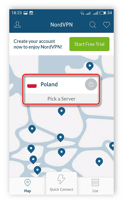 Выбор страны для подключения в NordVPN