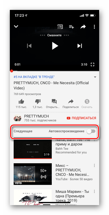 Временное отключение автовоспроизведения в приложении Ютуб iOS