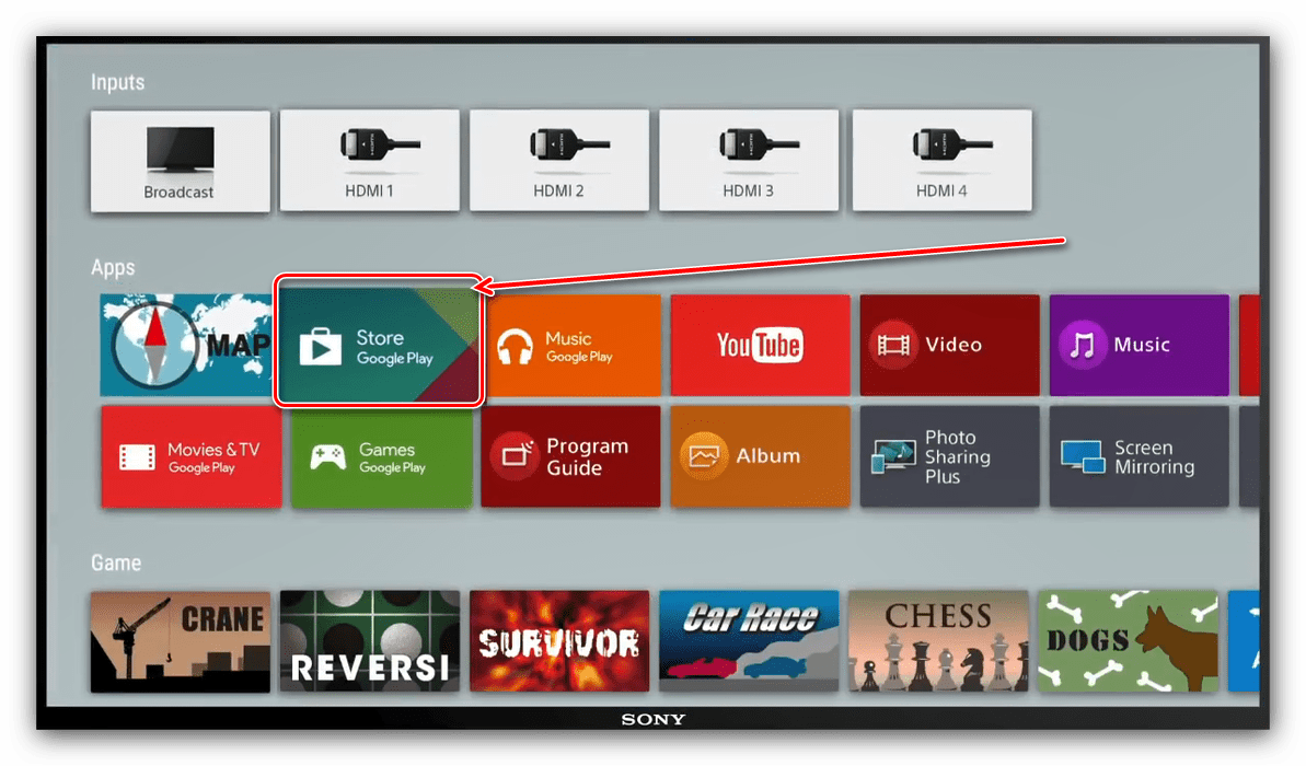 Открыть Store Google Play на телевизоре Sony для обновления Youtube