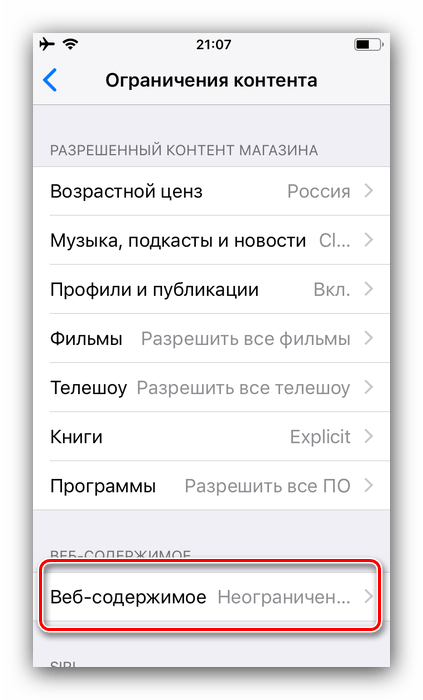 Настройки веб-содержимого для блокировки Ютуб от ребёнка на iPhone