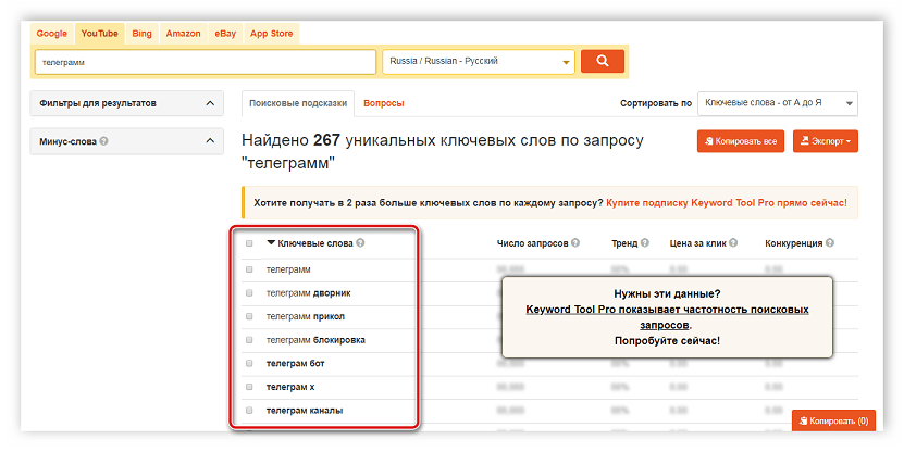 Показ результатов KeyWord Tool