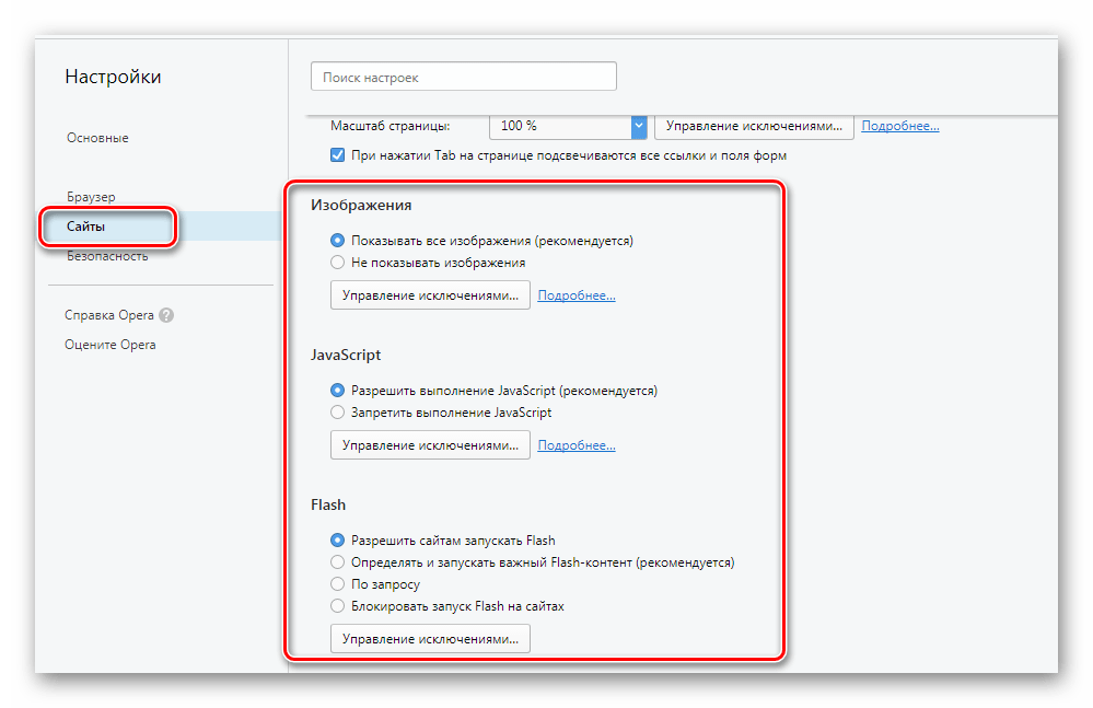 Настройки сайтов Opera