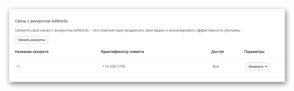 Связь с adwords YouTube