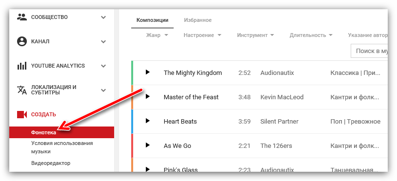 подкатегория фонотека в ютубе