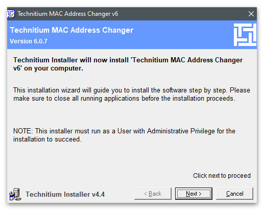 Инструкции в установщике для изменения MAC-адреса компьютера в Windows 10 через Technitium MAC Address Changer