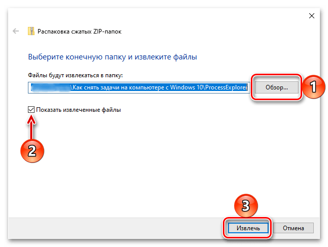 Подтвердить распаковку архива с Process Explorer - альтернативный Диспетчер задач для Windows 10