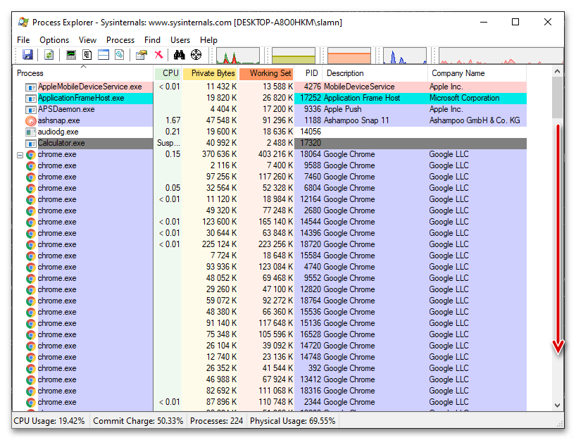 Поиск процесса для остановки в окне Process Explorer - альтернативного Диспетчера задач для Windows 10