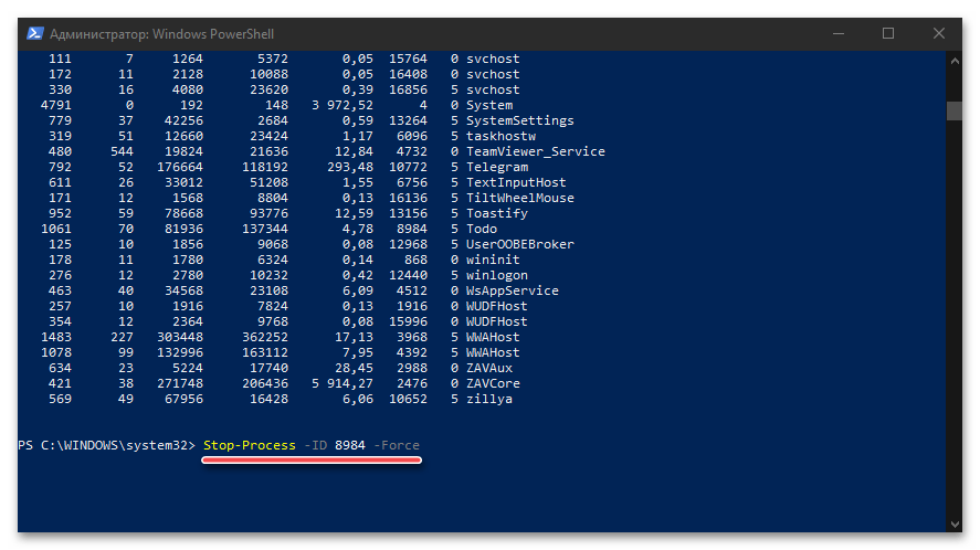 Команда для снятия задачи по номеру в PowerShell в ОС Windows 10