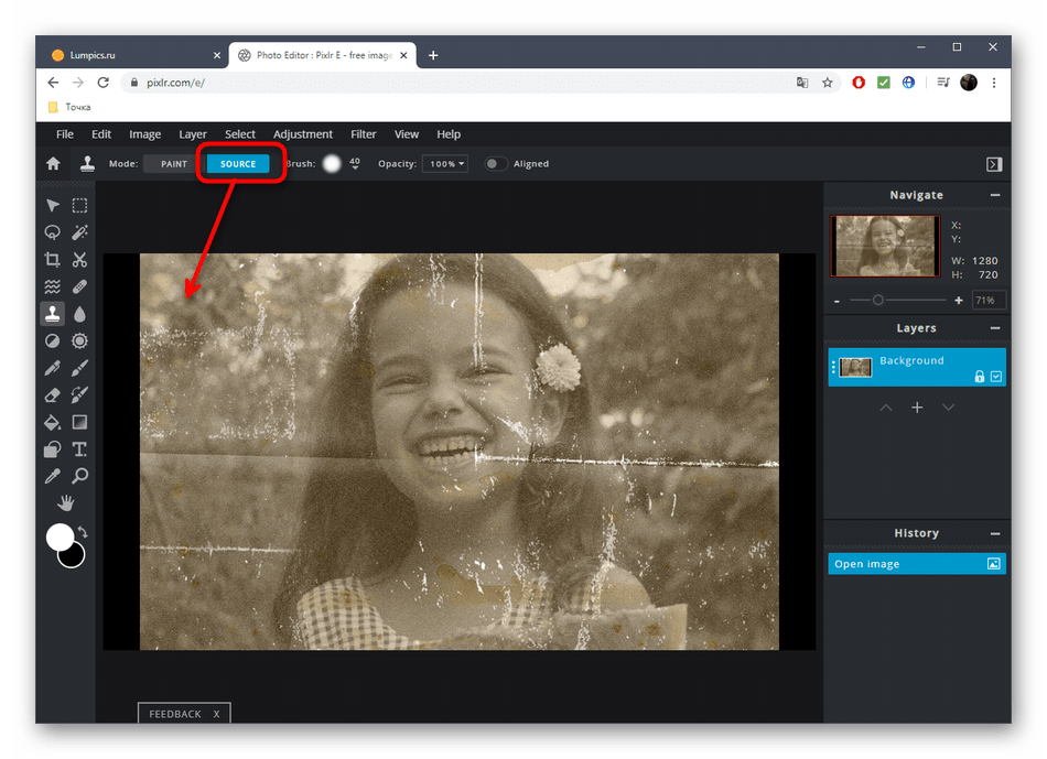 Выбор источника для клонирования при реставрации фото в онлайн-сервисе PIXLR
