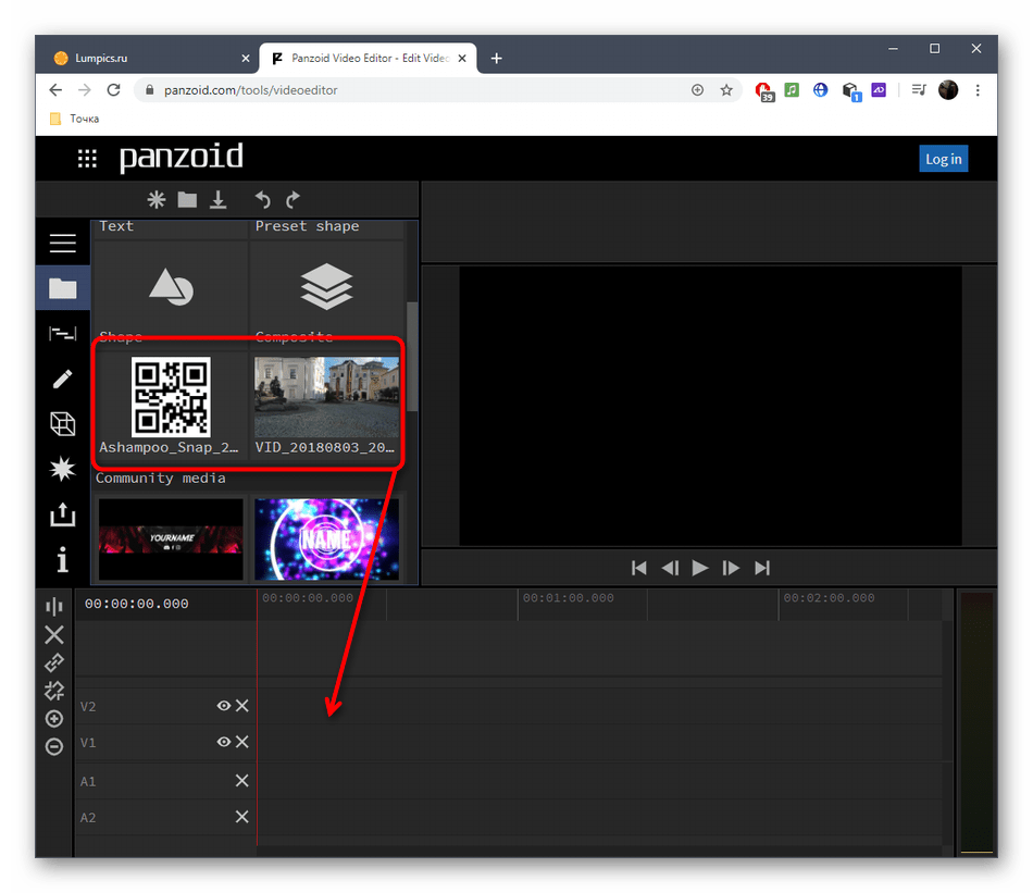 Перемещение материалов на таймлайн для вставки картинки в видео через онлайн-сервис Panzoid