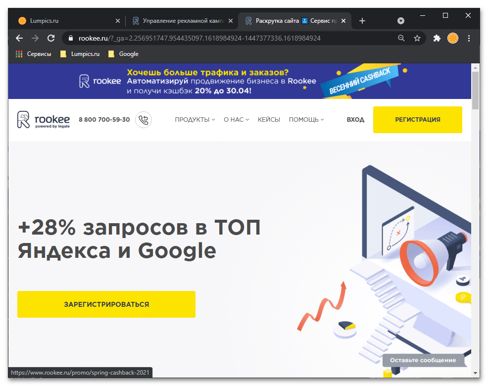 Главная страница digital-сервиса по SEO-продвижению сайтов Rookee