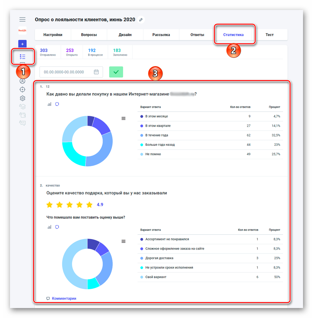 Статистика по опросу клиентов в личном кабинете на сайте онлайн сервиса Foquz