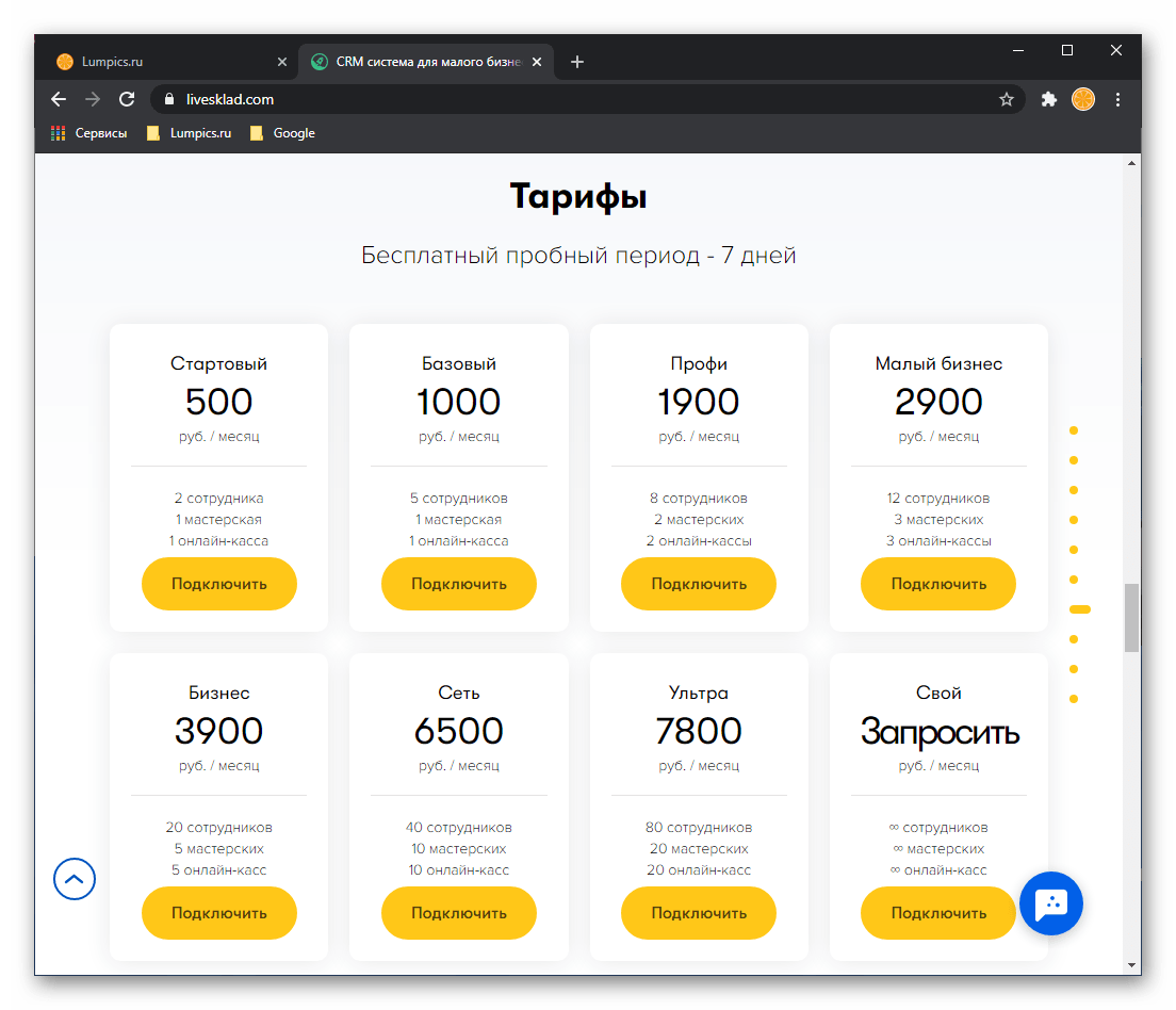 Тарифные планы, доступные в CRM-системе для автоматизации бизнеса LiveSklad