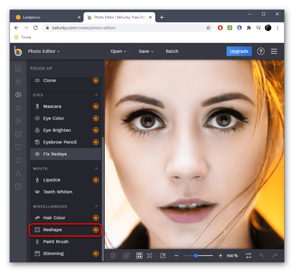 Выбор инструмента для уменьшения носа на фото в онлайн-сервисе BeFunky