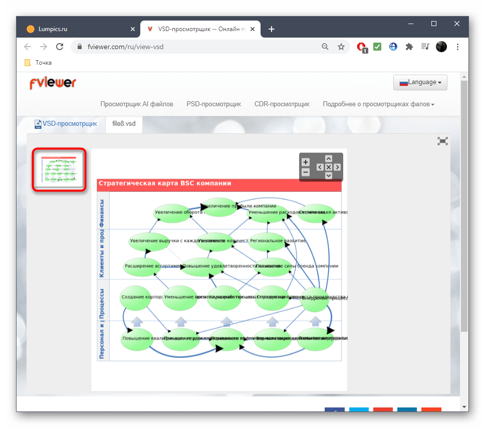 Просмотр страниц файла при открытии VSD через онлайн-сервис Fviewer