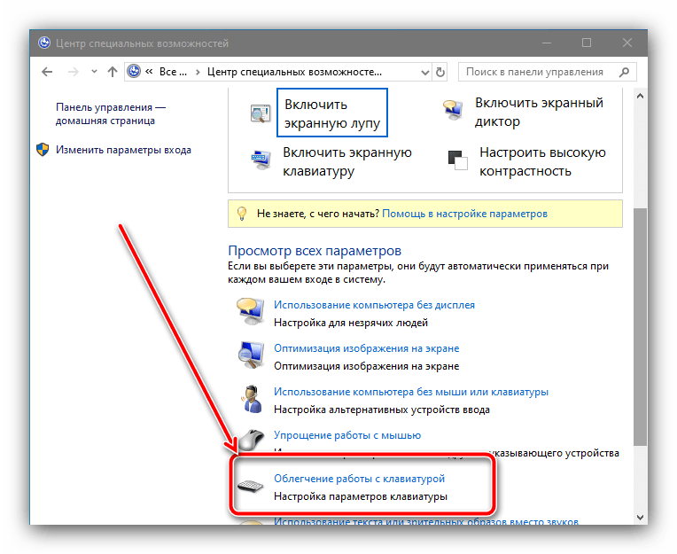 Облегчение работы с клавиатурой в Центре специальных возможностей для отключения фильтрации ввода в Windows 10