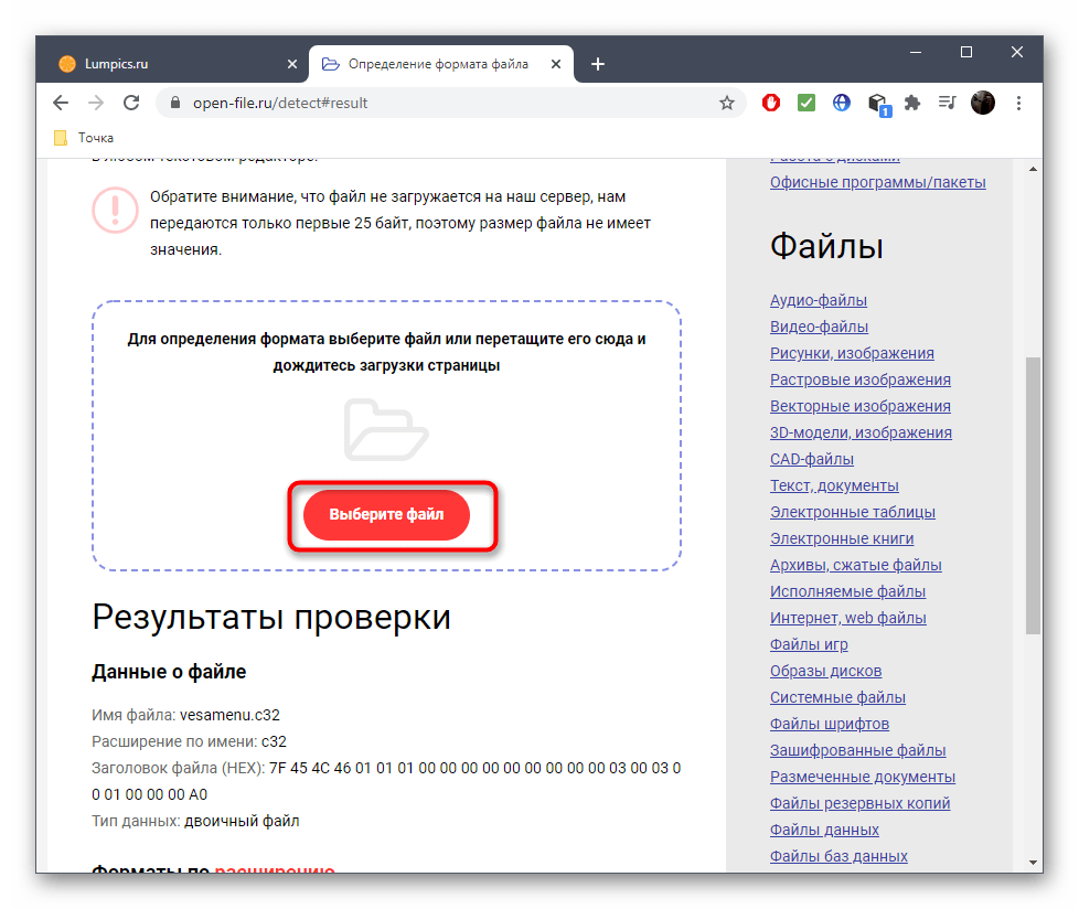 Повторная проверка формата файла через онлайн-сервис Open File