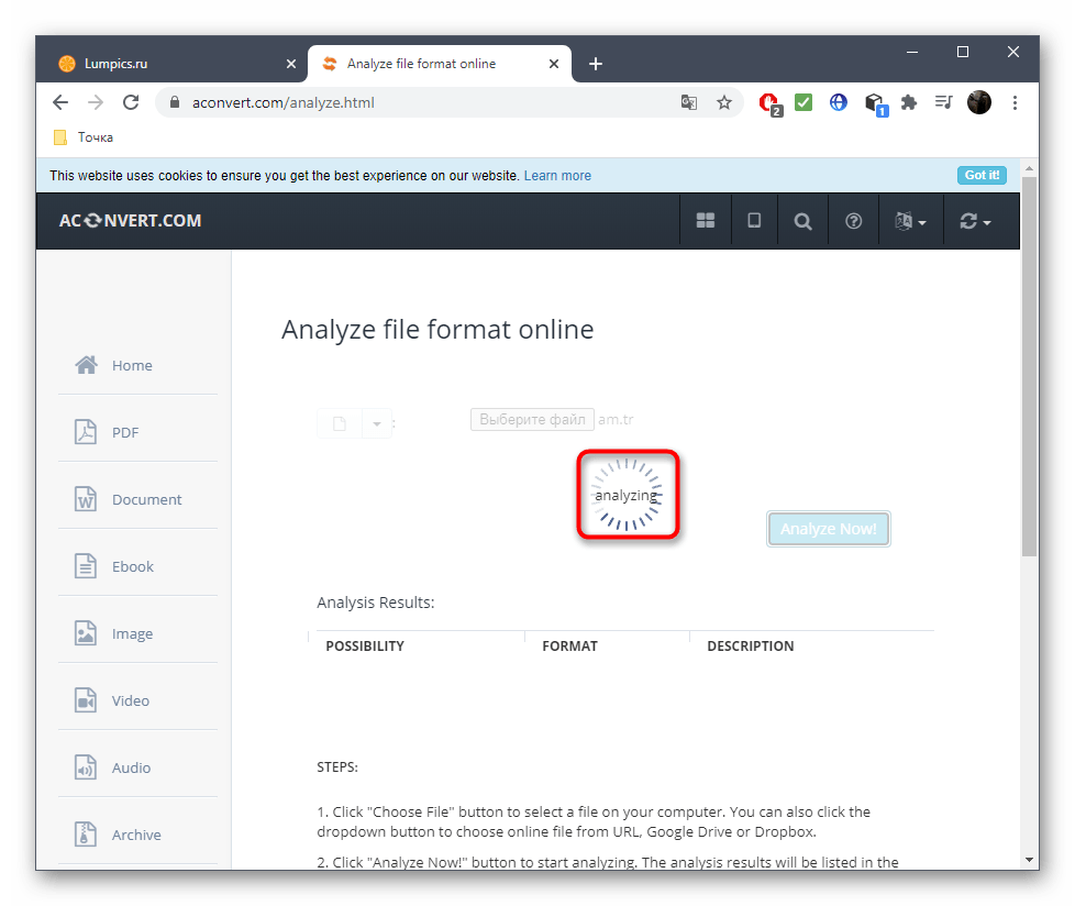Операция анализа файла при определении его формата через онлайн-сервис Aconvert