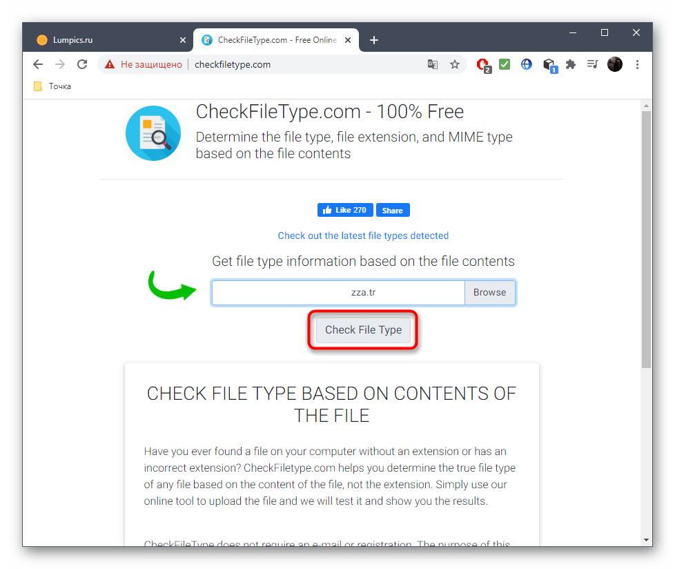 Кнопка для определения формата файла через онлайн-сервис CheckFileType