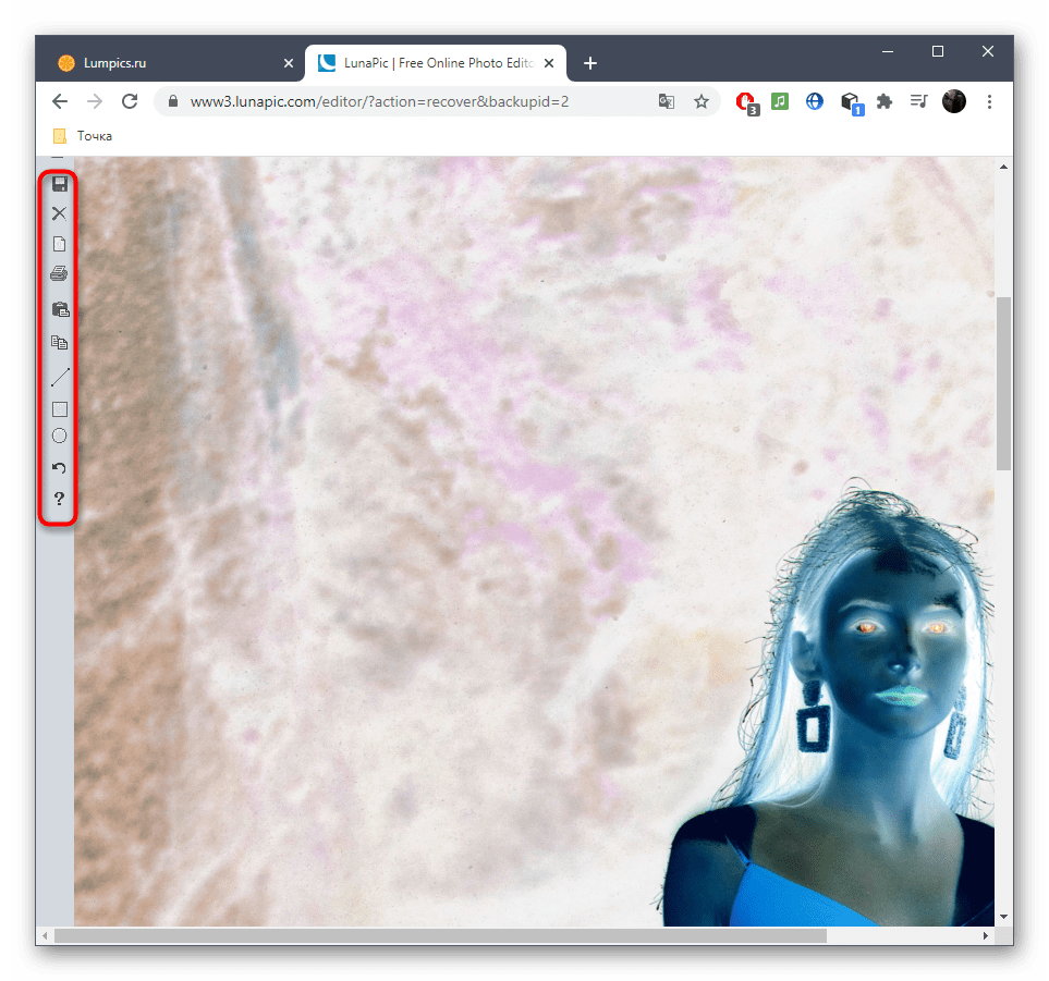 Дополнительное редактирование изображения после наложения негатива в онлайн-сервисе LunaPic