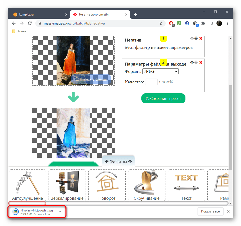 Успешное скачивание изображения после наложения негатива через онлайн-сервис Mass Images