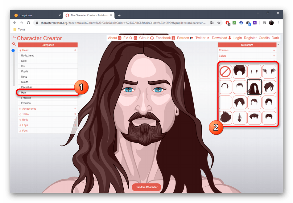 Настройка волос персонажа через онлайн-сервис Character Creator
