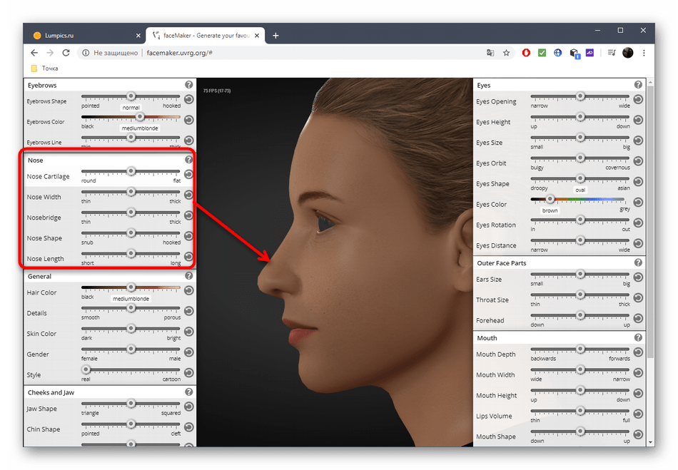 Настройка носа для лица через онлайн-сервис FaceMaker