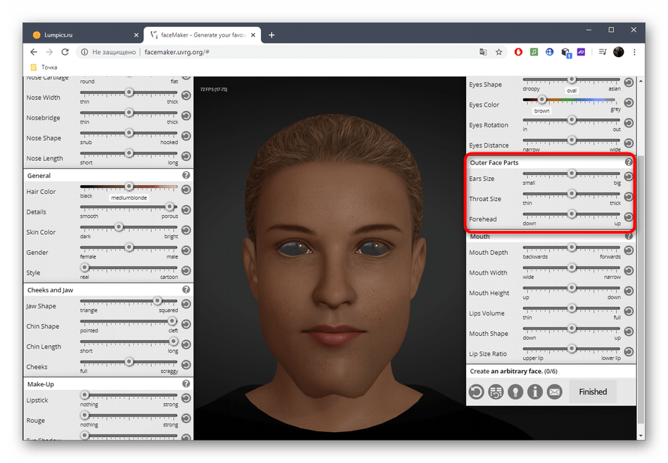 Настройка внешних параметров лица через онлайн-сервис FaceMaker