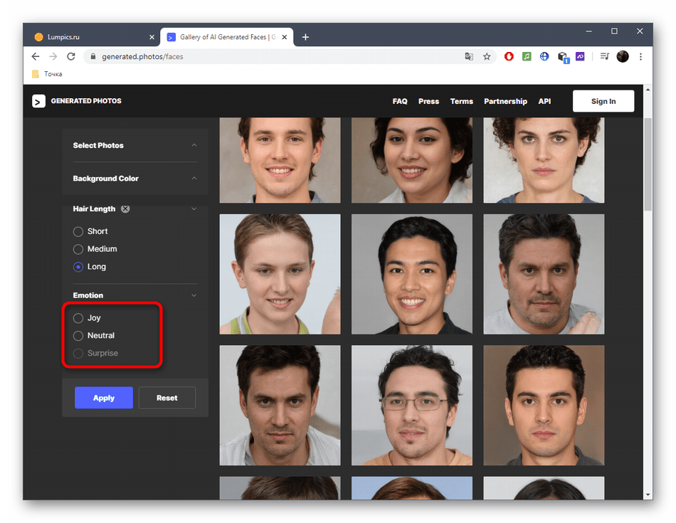 Выбор эмоций человека на фото через онлайн-сервис Generated Photos