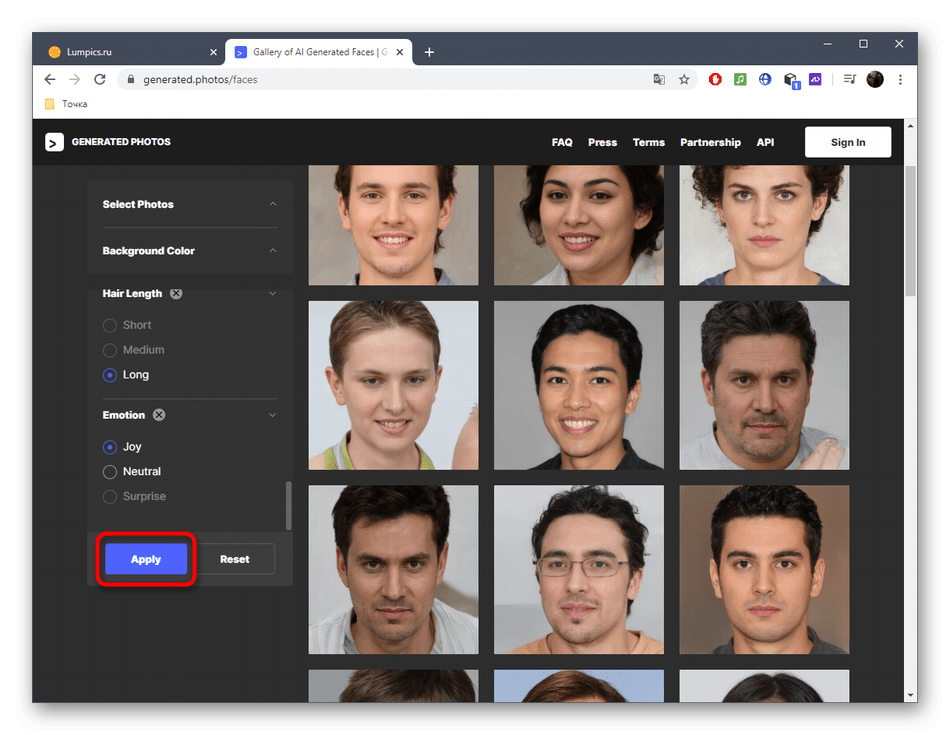 Переход к применению фильтров лица на фото через онлайн-сервис Generated Photos