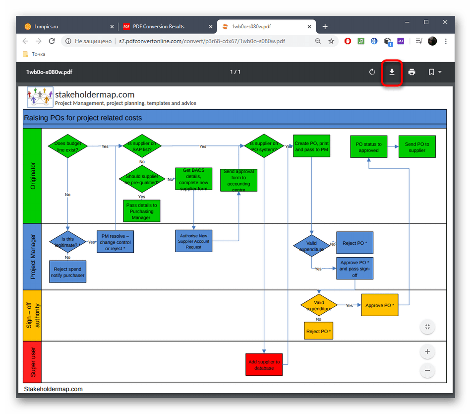 Загрузка файла после конвертирования VSD в PDF через онлайн-сервис PDF Convert Online