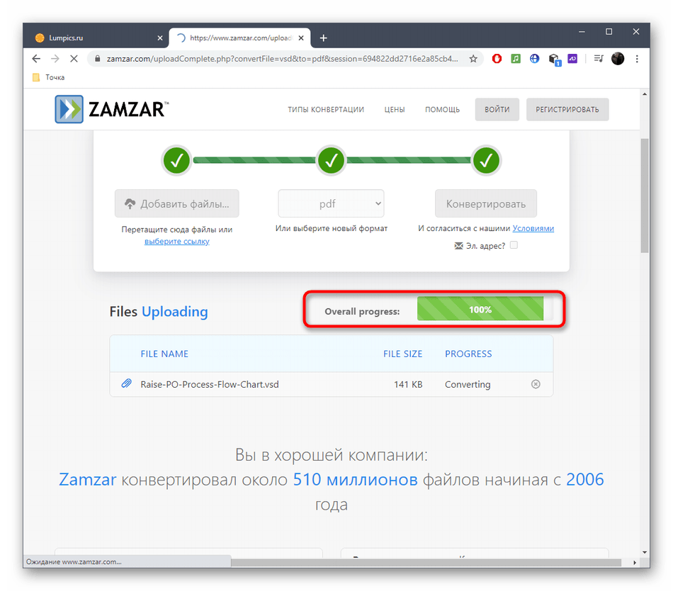 Процесс конвертирования VSD в PDF через онлайн-сервис Zamzar