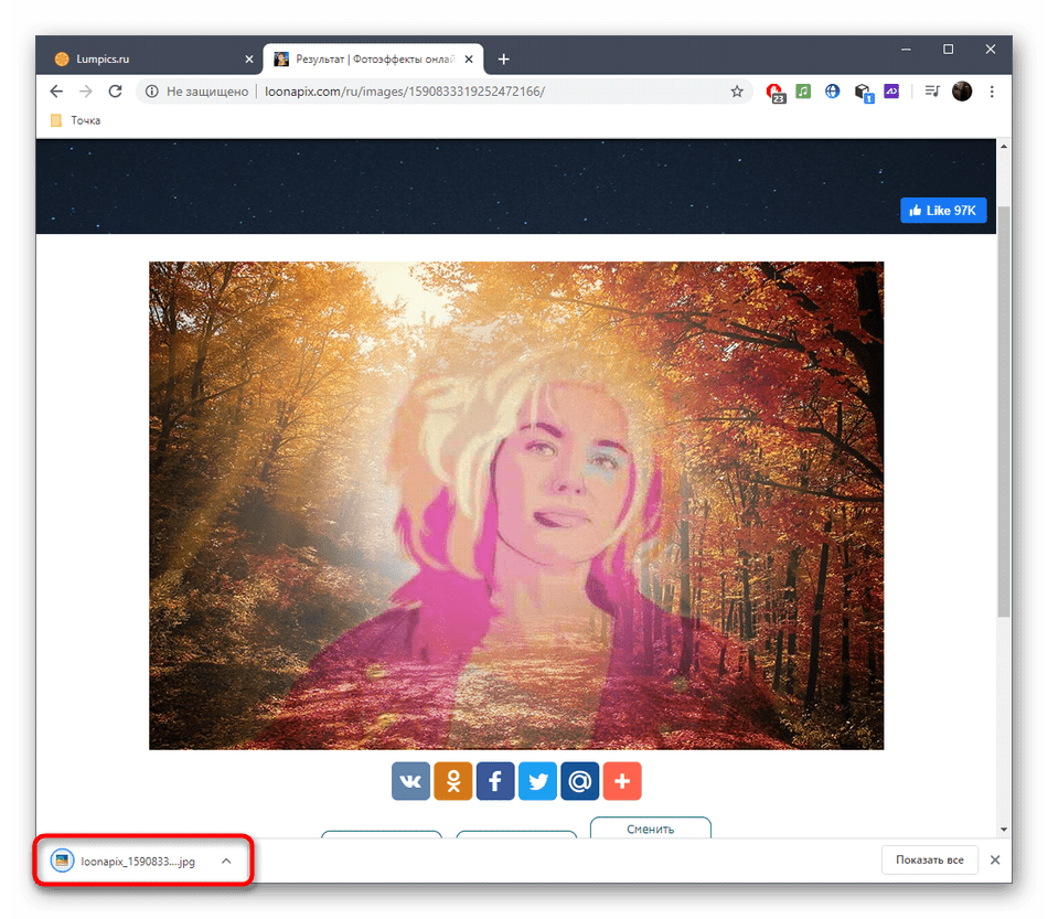 Успешная загрузка фото после наложения эффекта через онлайн-сервис Loonapix