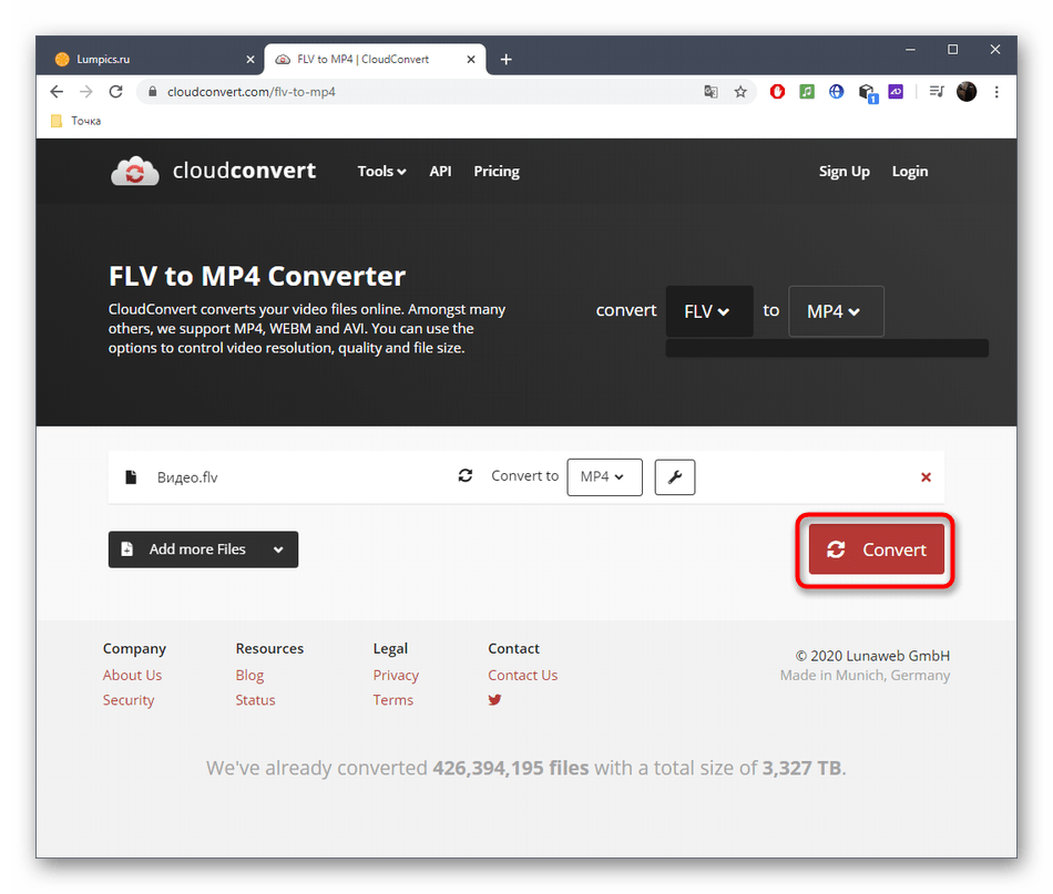 Запуск процесса конвертирования FLV в MP4 через онлайн-сервис CloudConvert