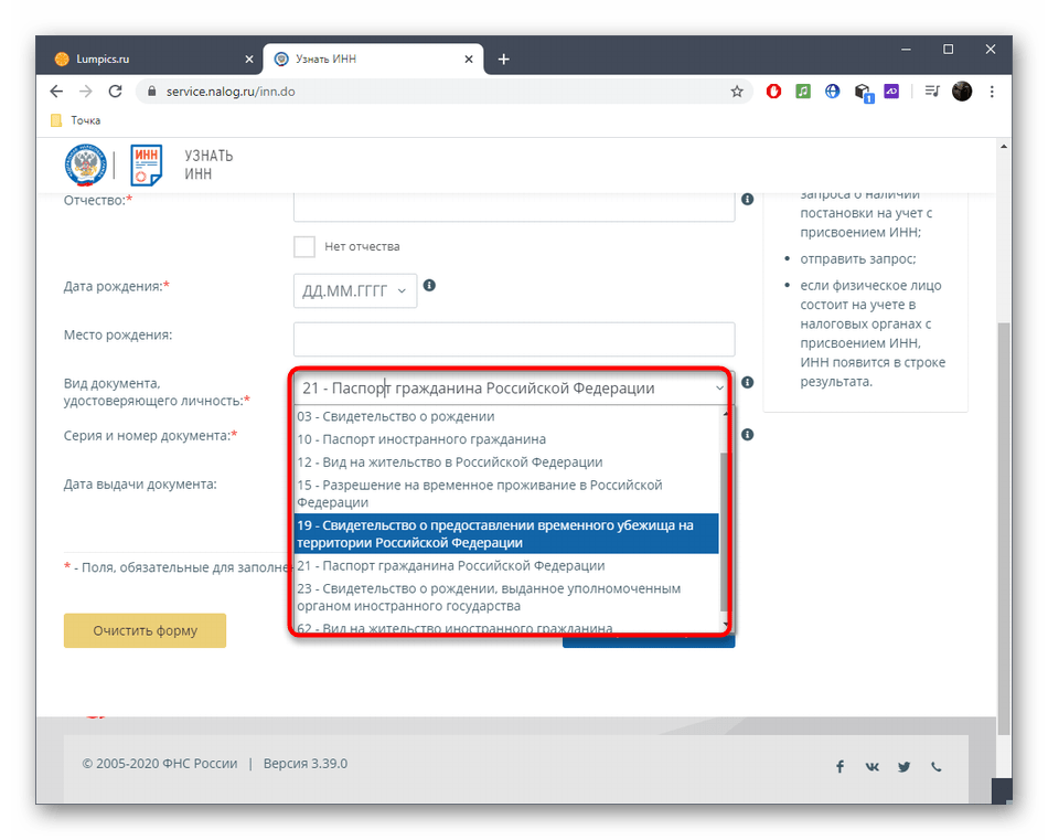 Выбор типа документа для проверки ИНН через Сайт Федеральной Налоговой Службы