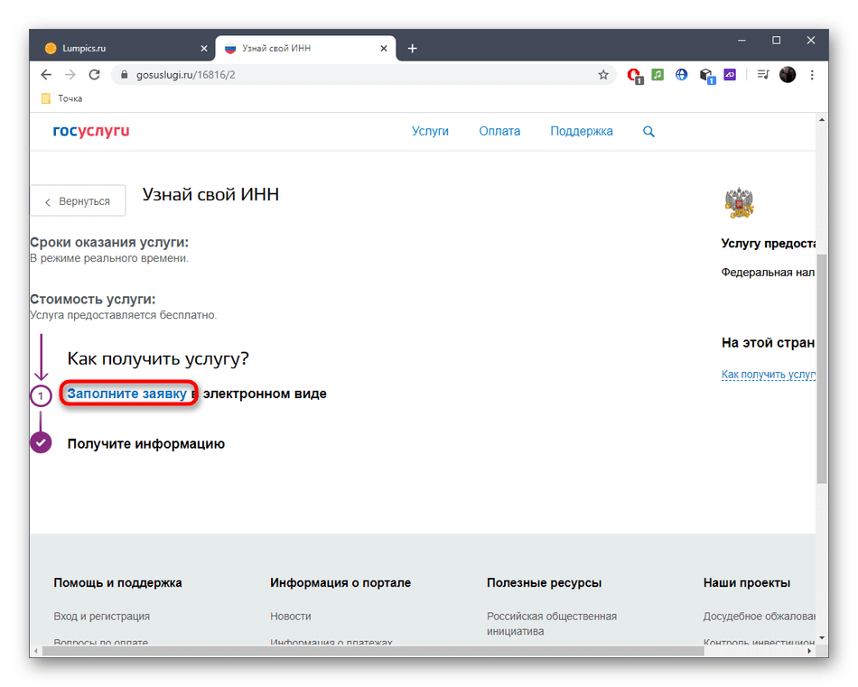 Заполнение формы для получения ИНН через онлайн-сервис ГосУслуги