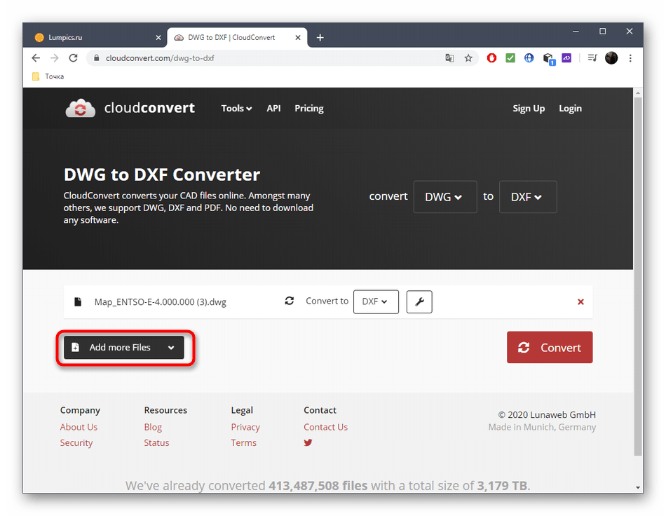 Дополнительное добавление файлов для конвертирования DWG в DXF через онлайн-сервис CloudConvert