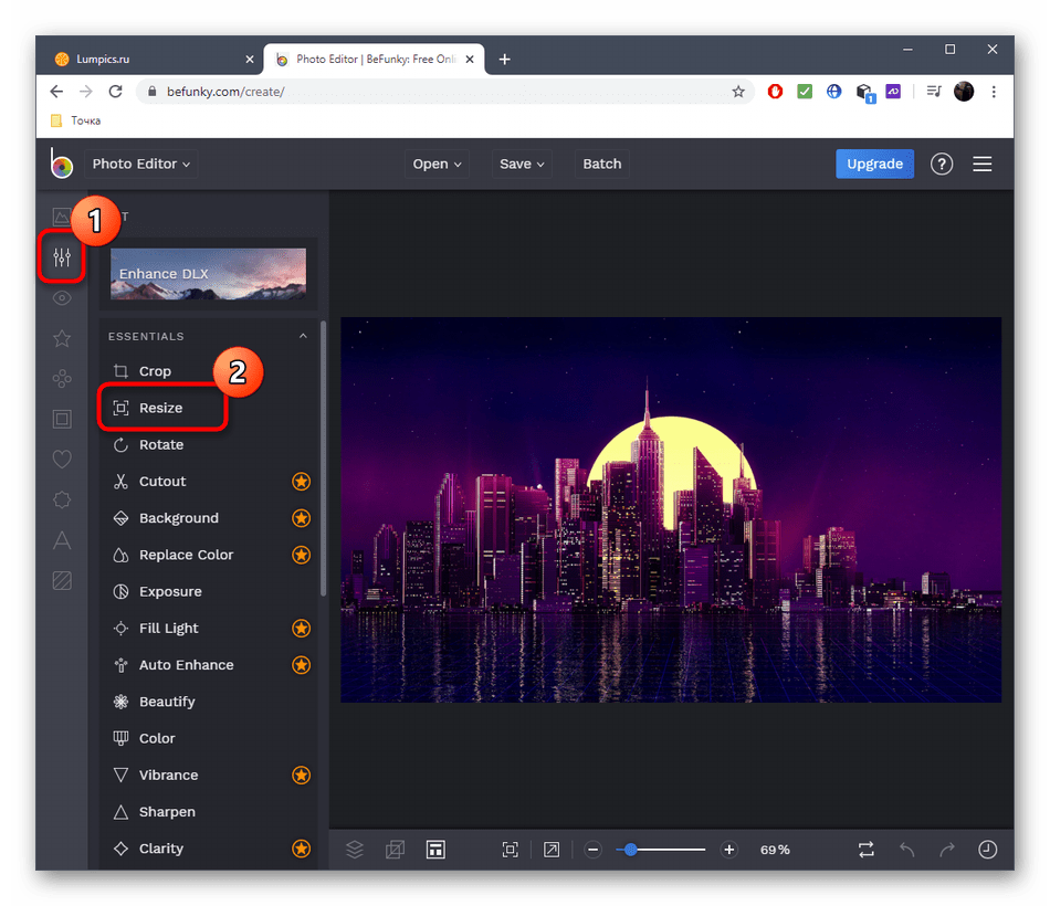 Выбор инструмента для растягивания изображения через онлайн-сервис BeFunky